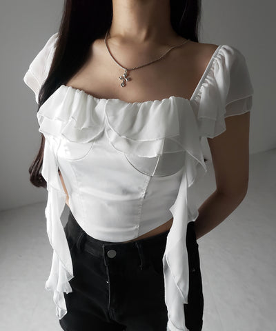 【 2WAY 】シアーフリルコルセットサテンショートブラウス / sheer frill corset satin short blouse