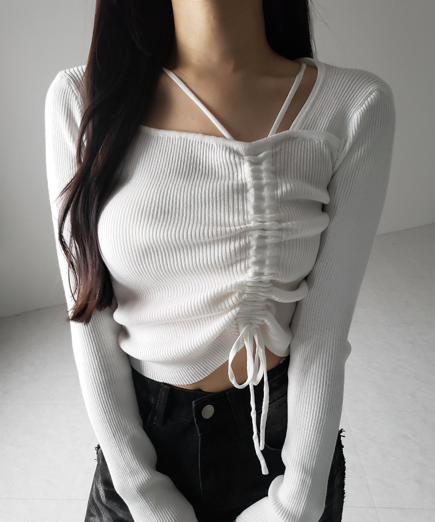 ダブルストラップシャーリングリボンリブニットトップス / double strap shirring ribbon ribbed knit tops