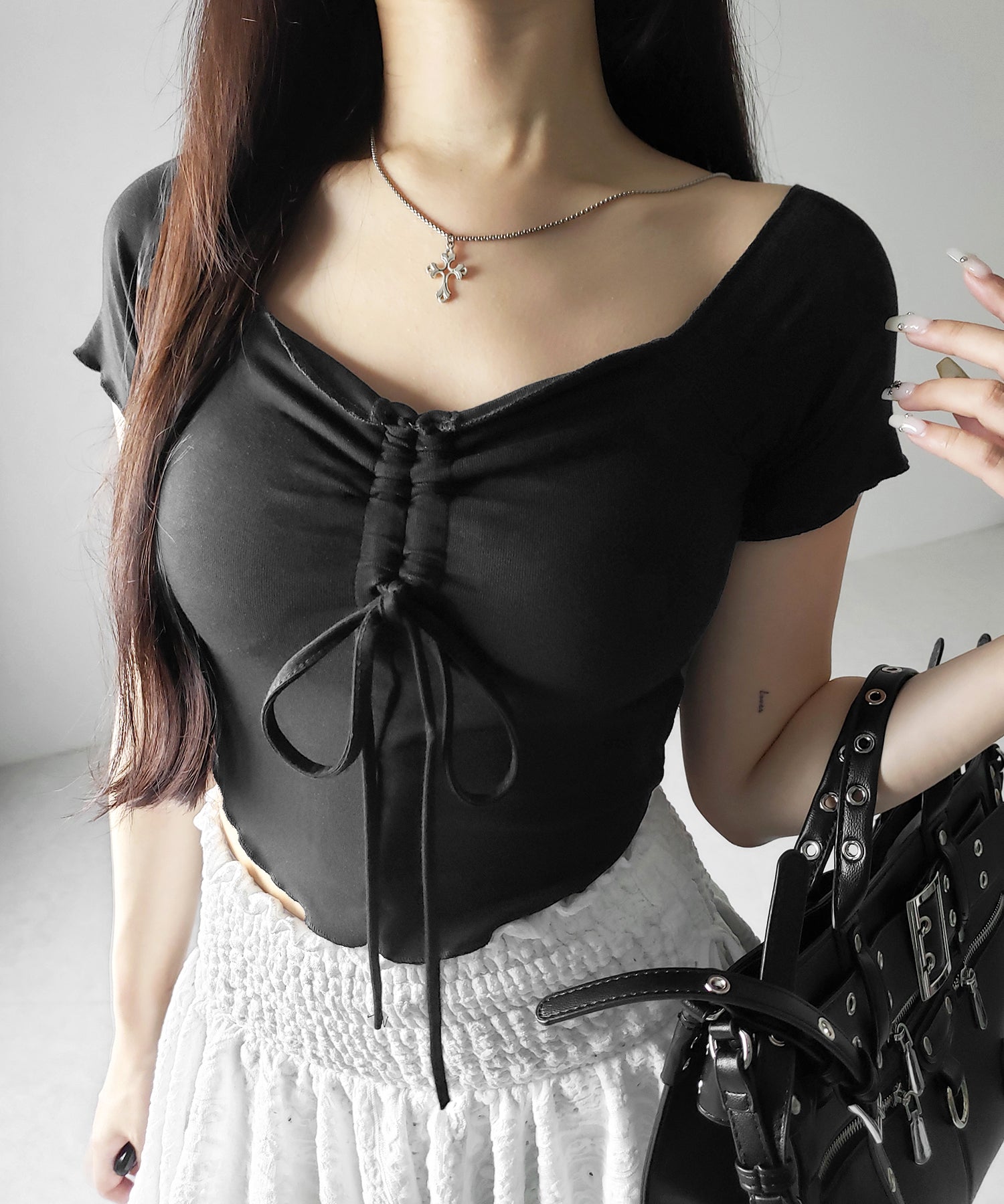 【 3color 】シャーリングリボンオフショルメローTシャツ / shirring ribbon off-shoulder mellow T-shirt