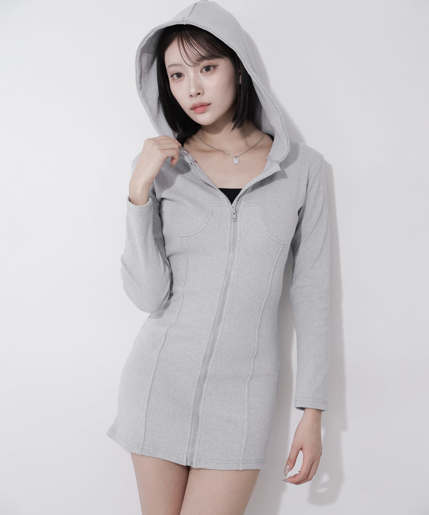 フーディジップアップスリムラインミニワンピース / Hoodie zip up slimline mini onepiece