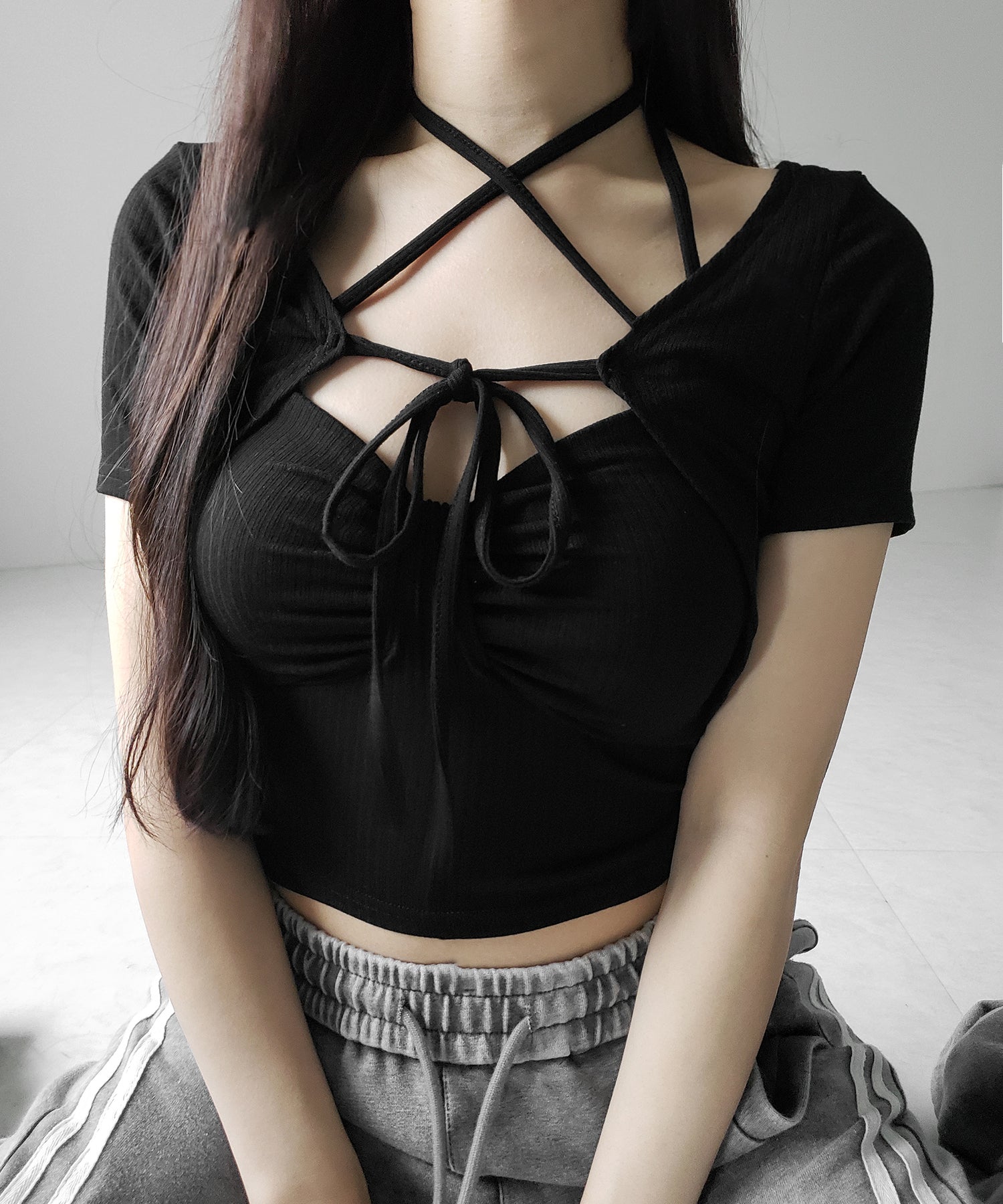 【 2点セット 】 2WAYストラップリブキャミソール + フロントリボンショートカーディガン SET / 2WAY strap lib camisole + front ribbon short cardigan