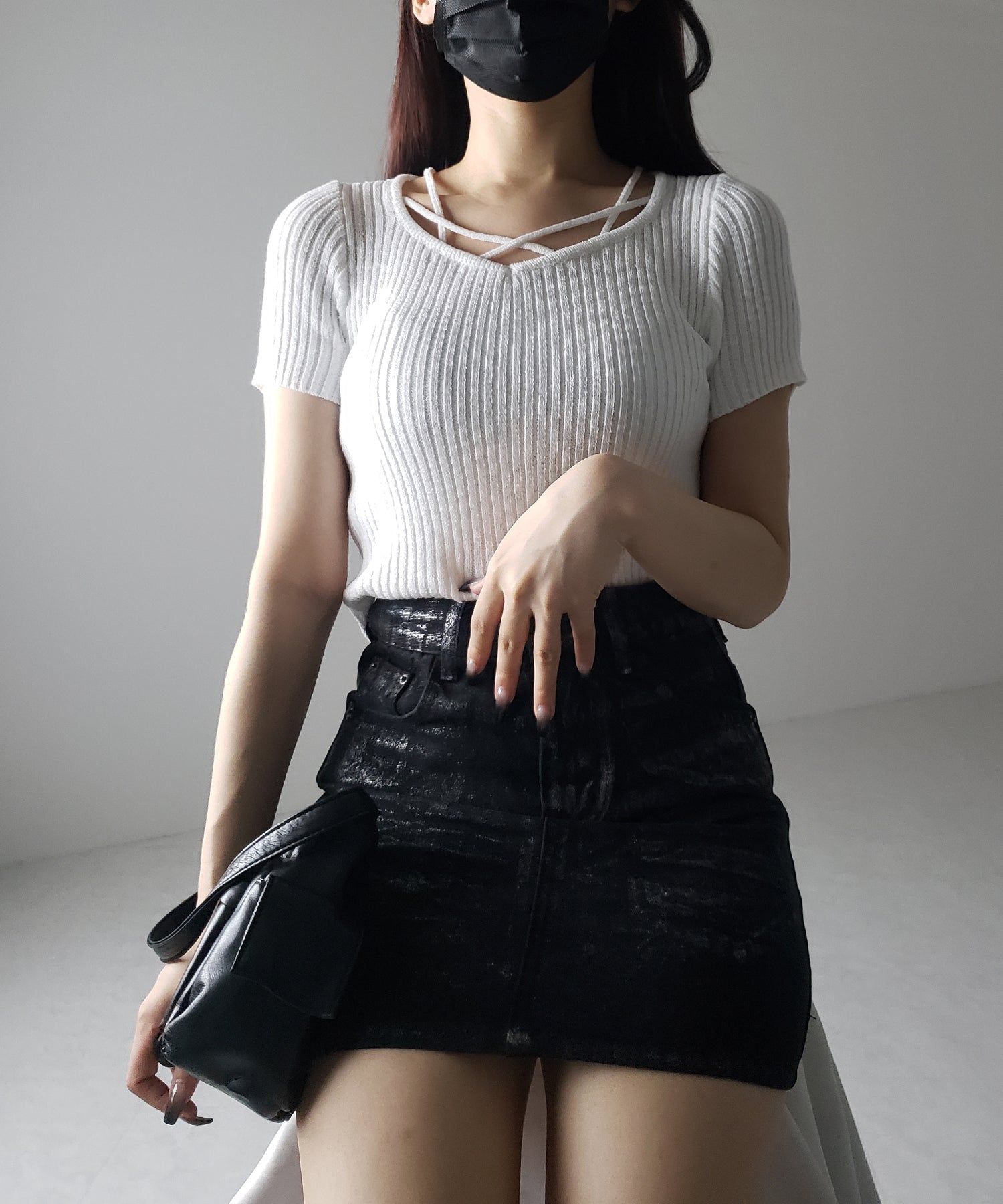 半袖クロスラインストラップデザインリブニット