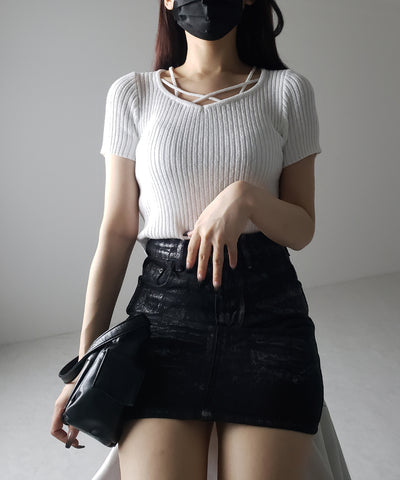 半袖クロスラインストラップデザインリブニット