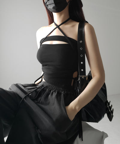 【 カップ付き / 2WAY 】クロスストラップリボンカットアウトショートキャミソール / cross strap ribbon cutout short camisole