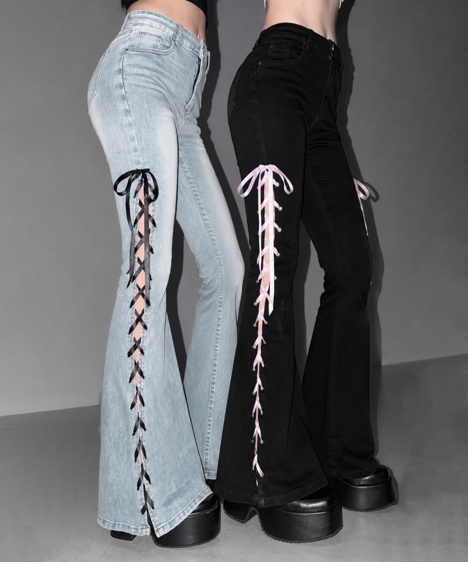 サテンリボンレースアップカットアウトストレッチフレアデニム / satin ribbon laceup cutout stretch flare denim