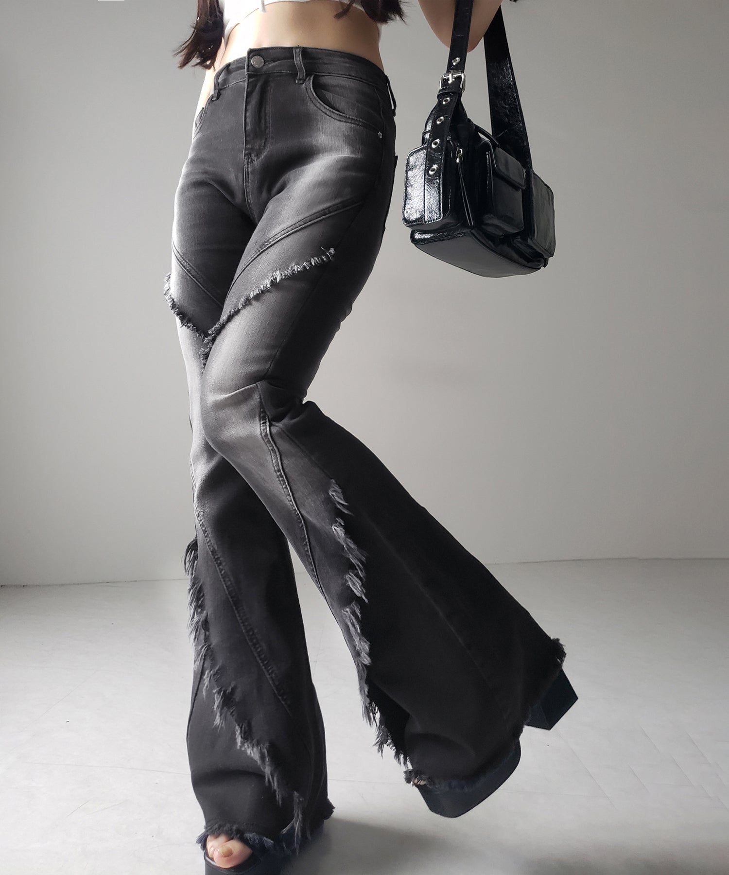 【 2color / 4size 】フリンジデザインヴィンテージライクストレッチフレアデニム / fringe design vintage-like stretch flare denim
