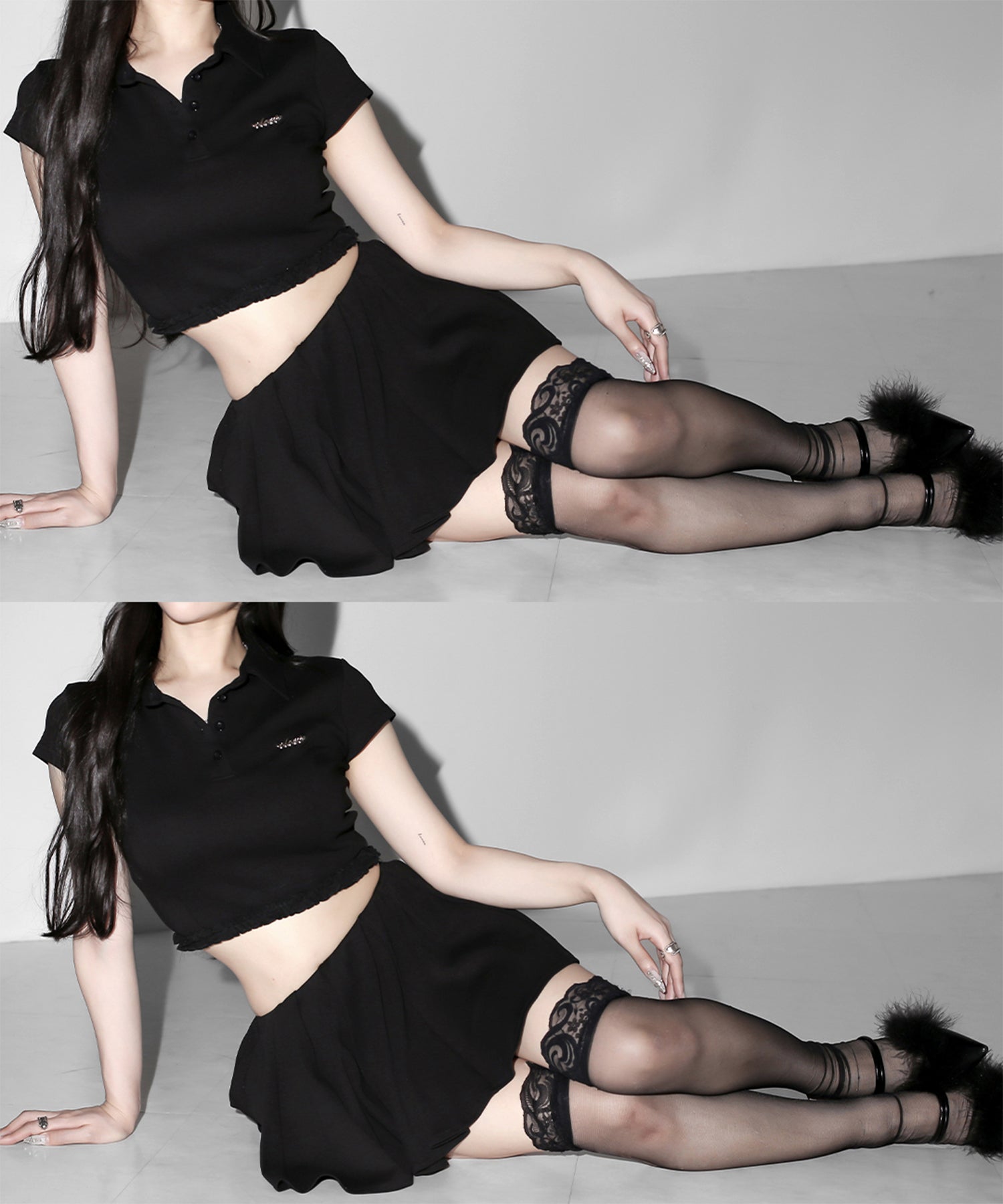 【 セットアップ 】ロゴプレート半袖トップス+フレアミニスカパン SET /( SETUP ) logo plate short sleeve tops + flared mini skirt pants