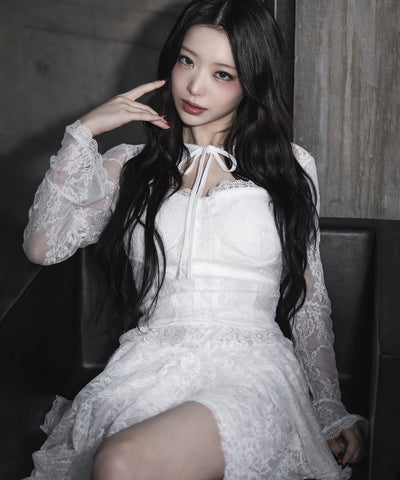 チョーカーネックリボンコルセットレーストップス / choker neck ribbon corset lace tops