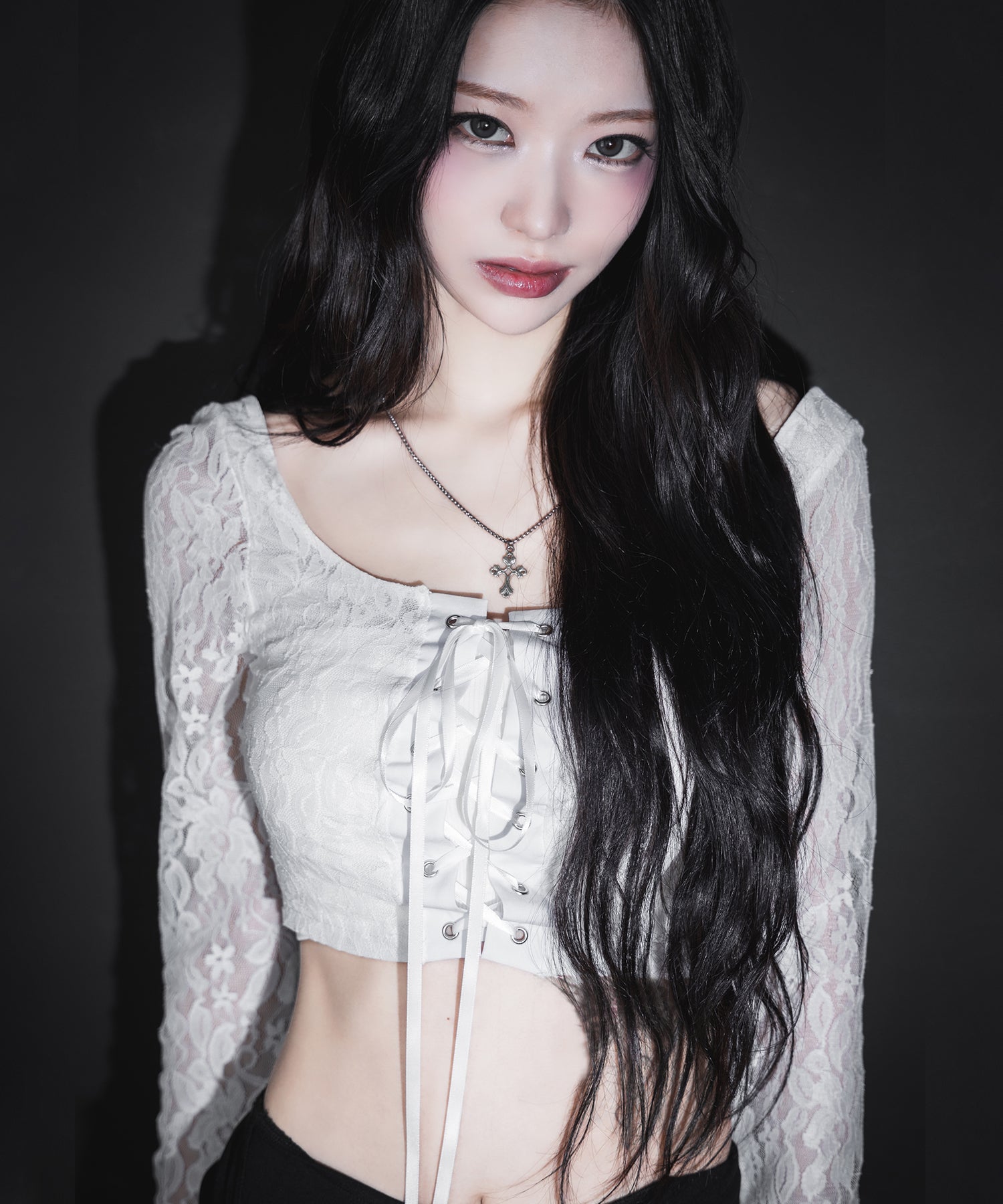 【 2color 】レースアップコルセットリボンショートレーストップス / laceup corset ribbon short lace tops