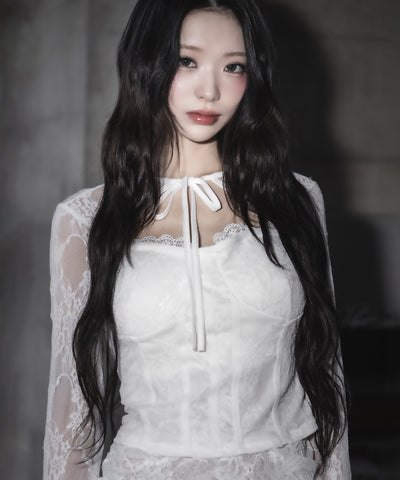 チョーカーネックリボンコルセットレーストップス / choker neck ribbon corset lace tops