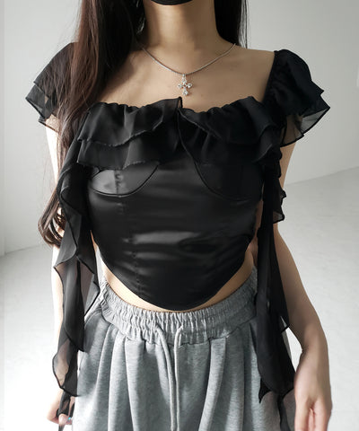 【 2WAY 】シアーフリルコルセットサテンショートブラウス / sheer frill corset satin short blouse
