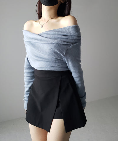 タックデザインドレープオフショルダーリブニット