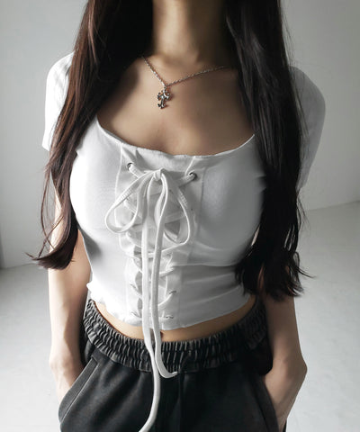 レースアップフロントリボン半袖ショートTシャツ / lace up front ribbon short sleeve short slim T-shirt
