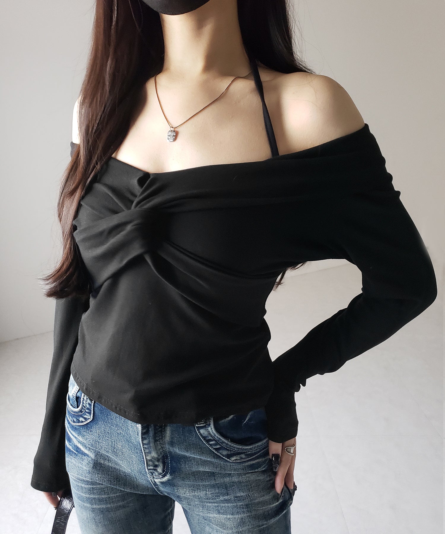 【 2color 】クロスギャザーオフショルカットソートップス / cross gather off shoulder cutsew tops