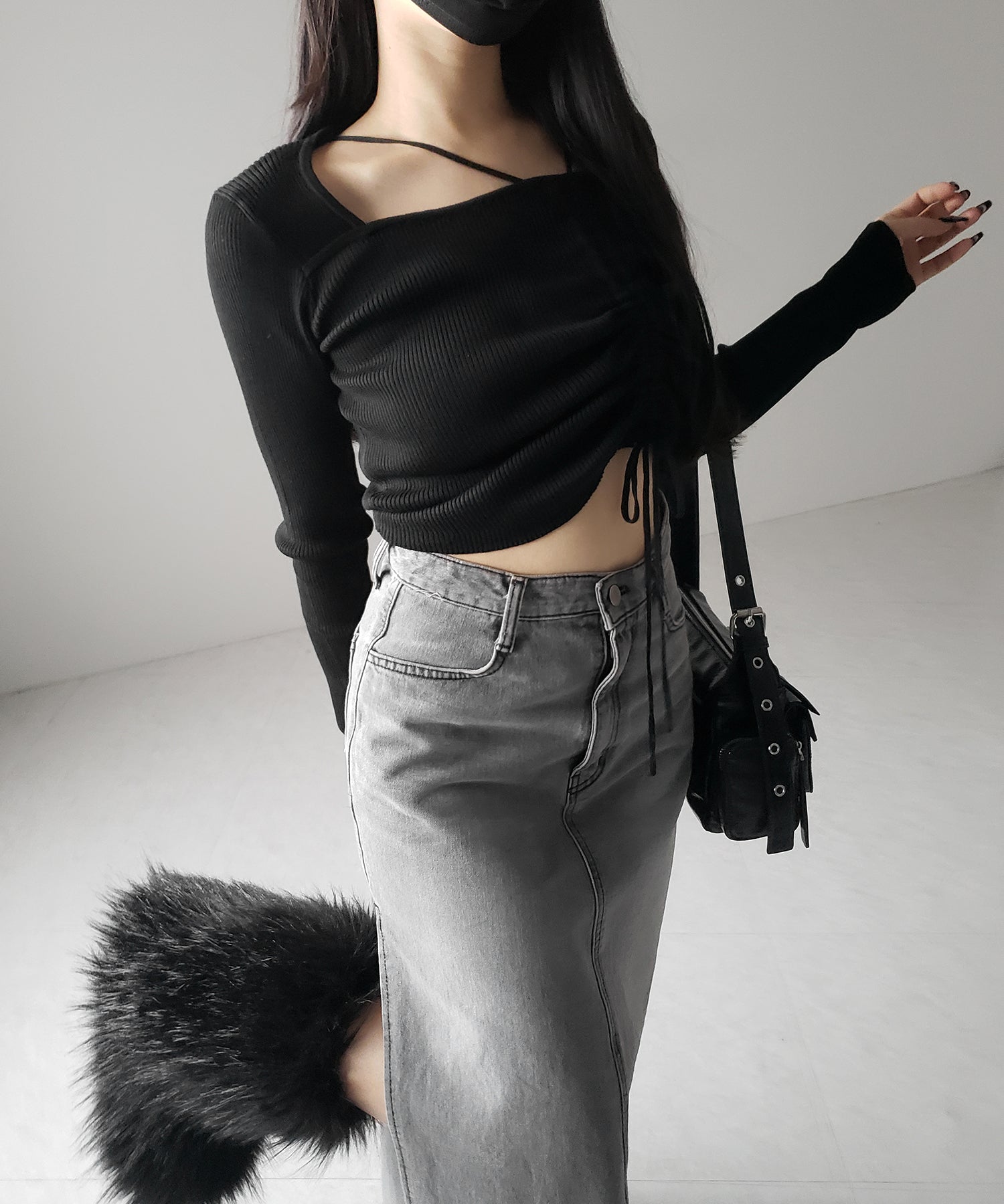 ダブルストラップシャーリングリボンリブニットトップス / double strap shirring ribbon ribbed knit tops