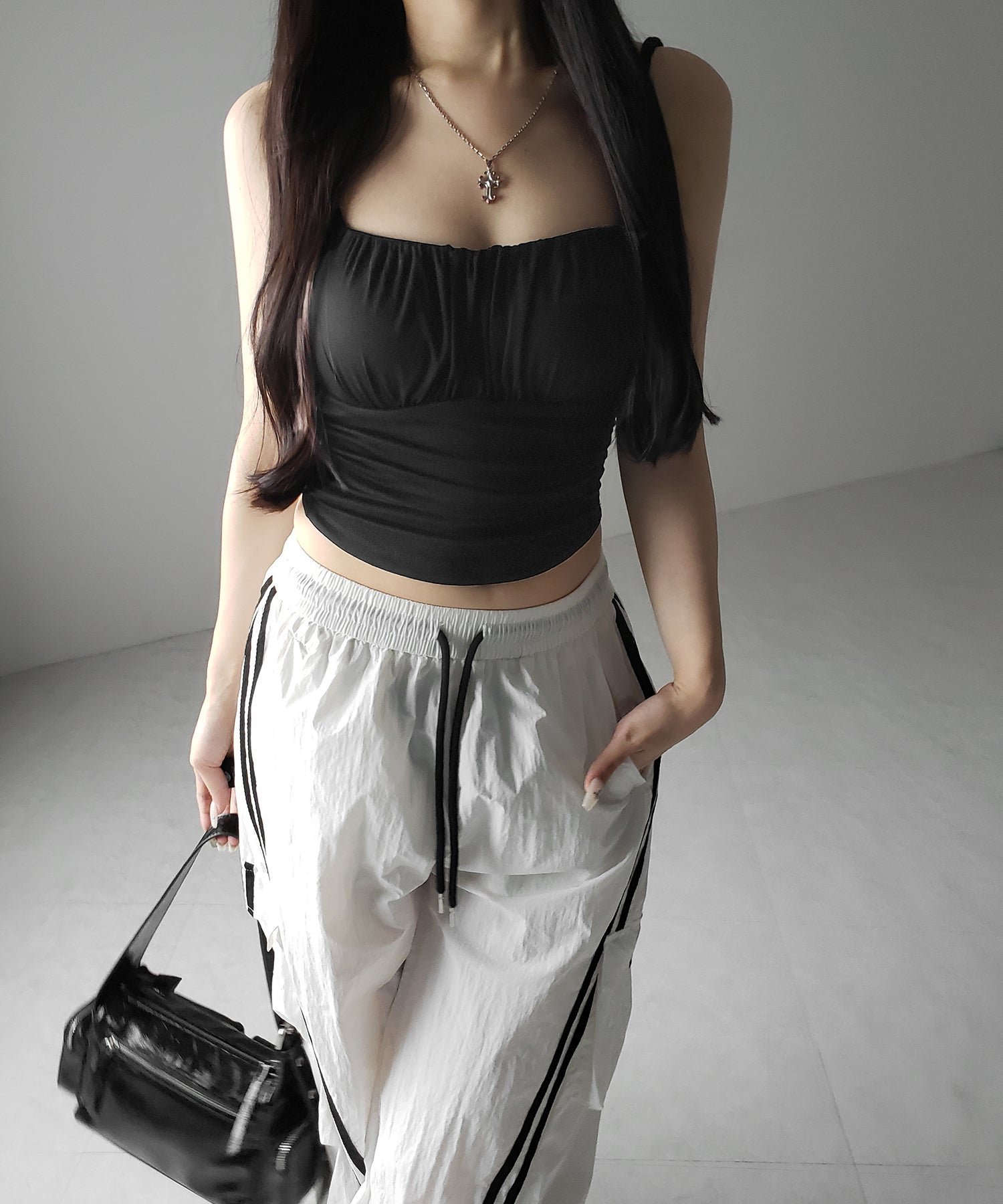 【 3color / カップ付き 】シャーリングギャザードレープキャミソール /shirring gather drape camisole