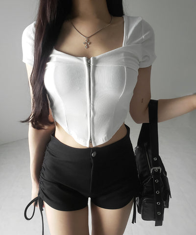 ダブルジップコルセットスクエアネックTシャツ / double zip corset square neck T-Shirt