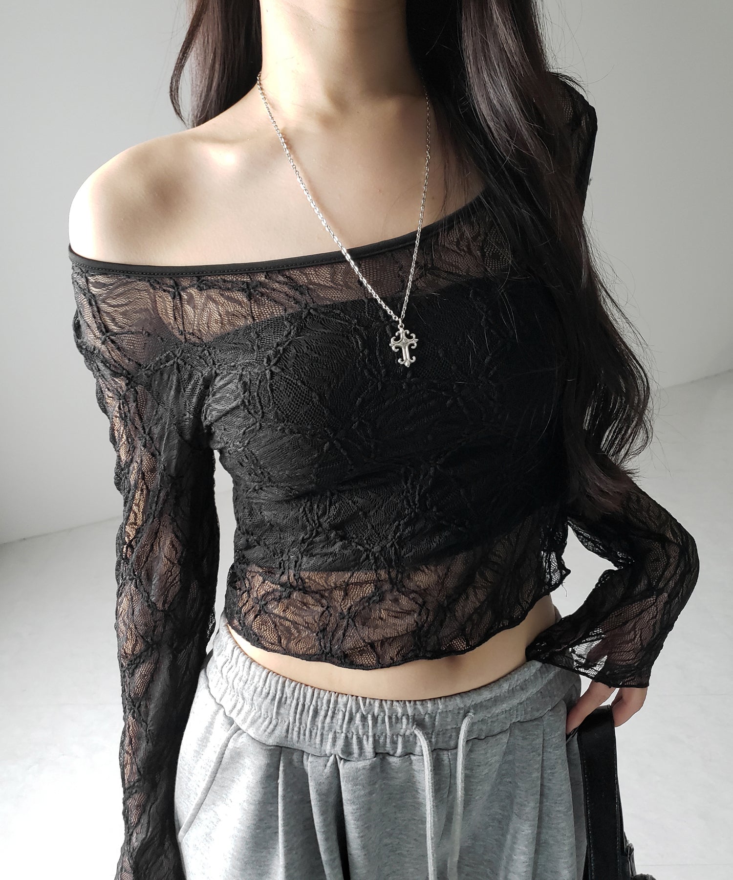 【 2color /2WAY 】ワンショルルーズシアーレーストップス / one shoulder loose sheer lace tops