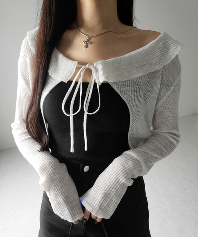 【 2color 】襟付きフロントリボンシアーニットショートカーディガン / collar front ribbon sheer knit short cardigan