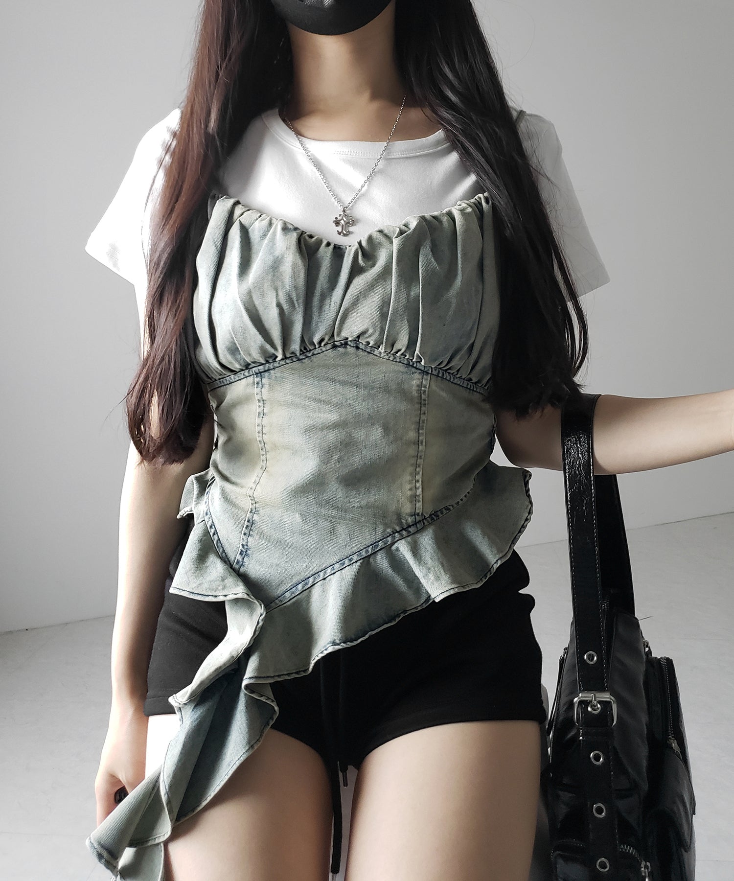 【 2点セット 】ヴィンテージデニムビスチェ & 半袖レイヤードTシャツセット / vintage denim bustier & short sleeve layered T-shirts set