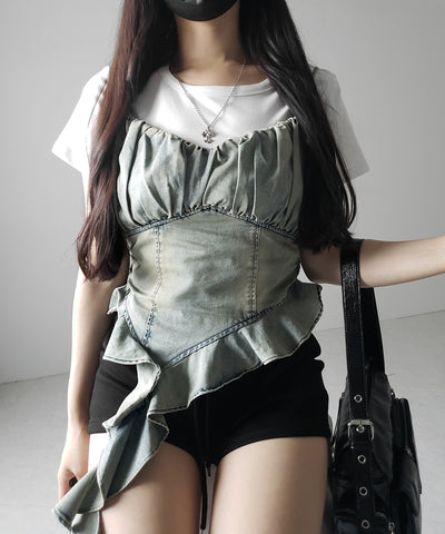 【 2点セット 】ヴィンテージデニムビスチェ & 半袖レイヤードTシャツセット / vintage denim bustier & short sleeve layered T-shirts set