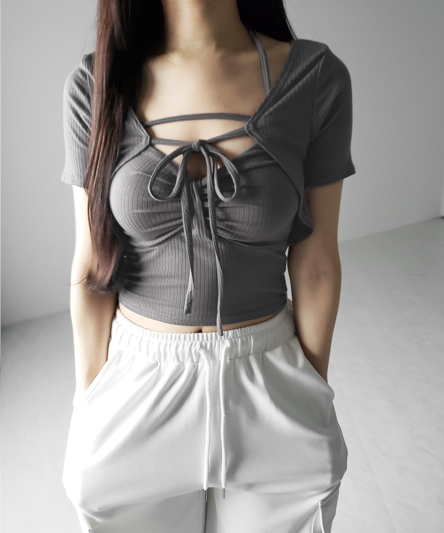 【 2点セット 】 2WAYストラップリブキャミソール + フロントリボンショートカーディガン SET / 2WAY strap lib camisole + front ribbon short cardigan