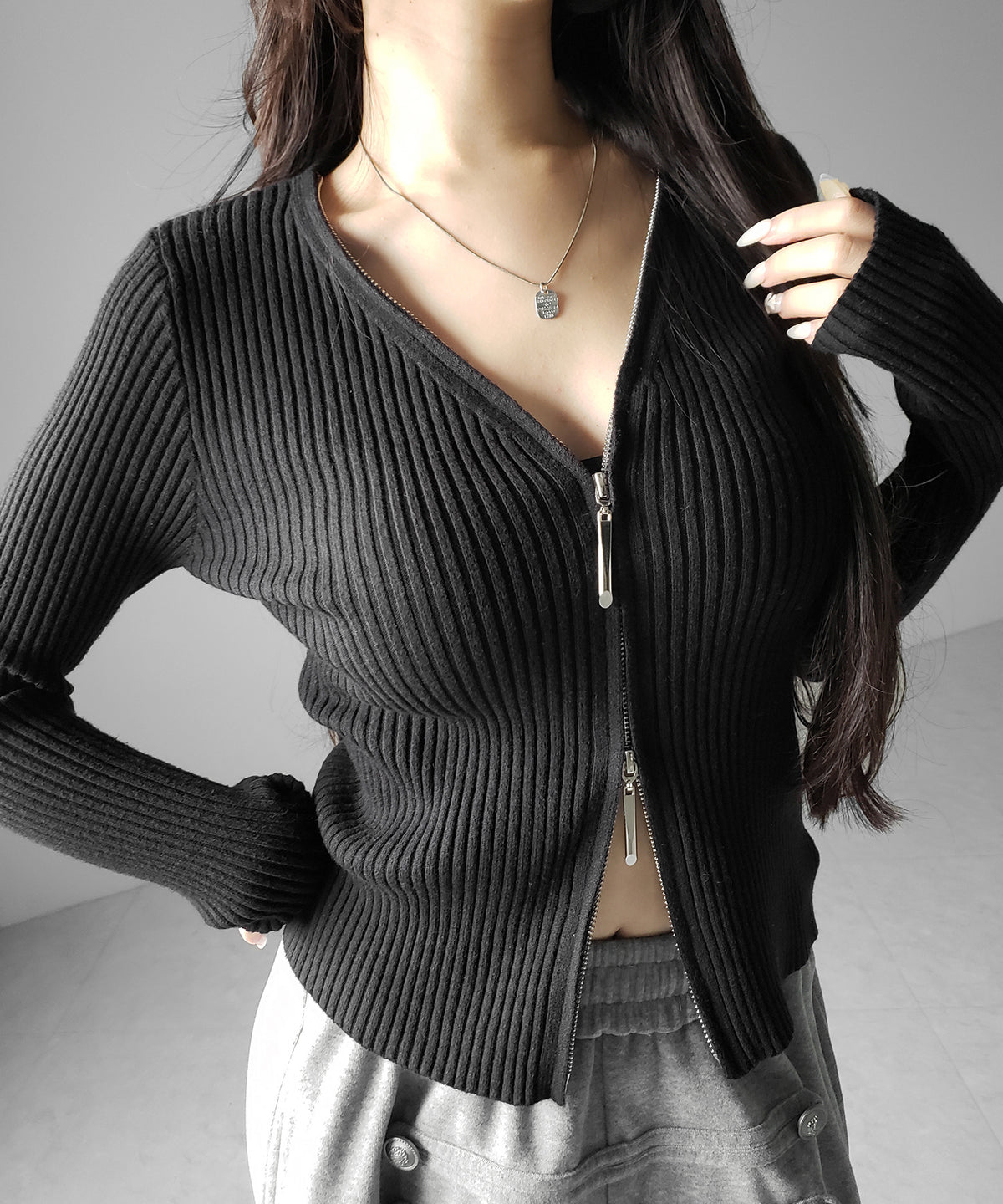ダブルジップスリムリブニットカーディガン / double zip slim rib knit cardigan