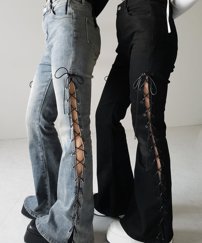 レースアップカットアウトストレッチフレアデニム / lace up cutout stretch flare denim
