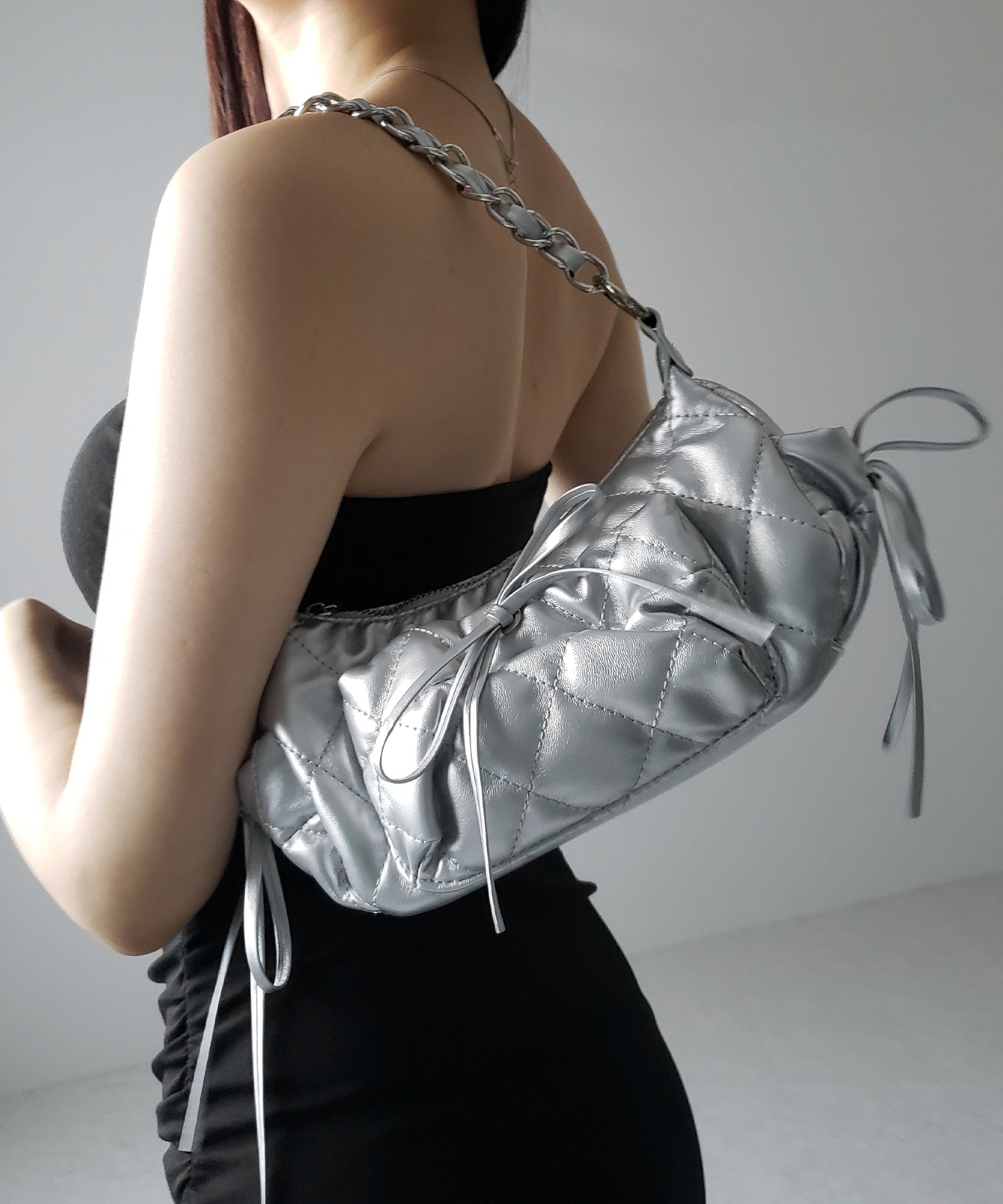【 3color /2WAY 】ストラップリボンキルティングチェーンショルダーバッグ / strap ribbon quilted chain shoulder bag