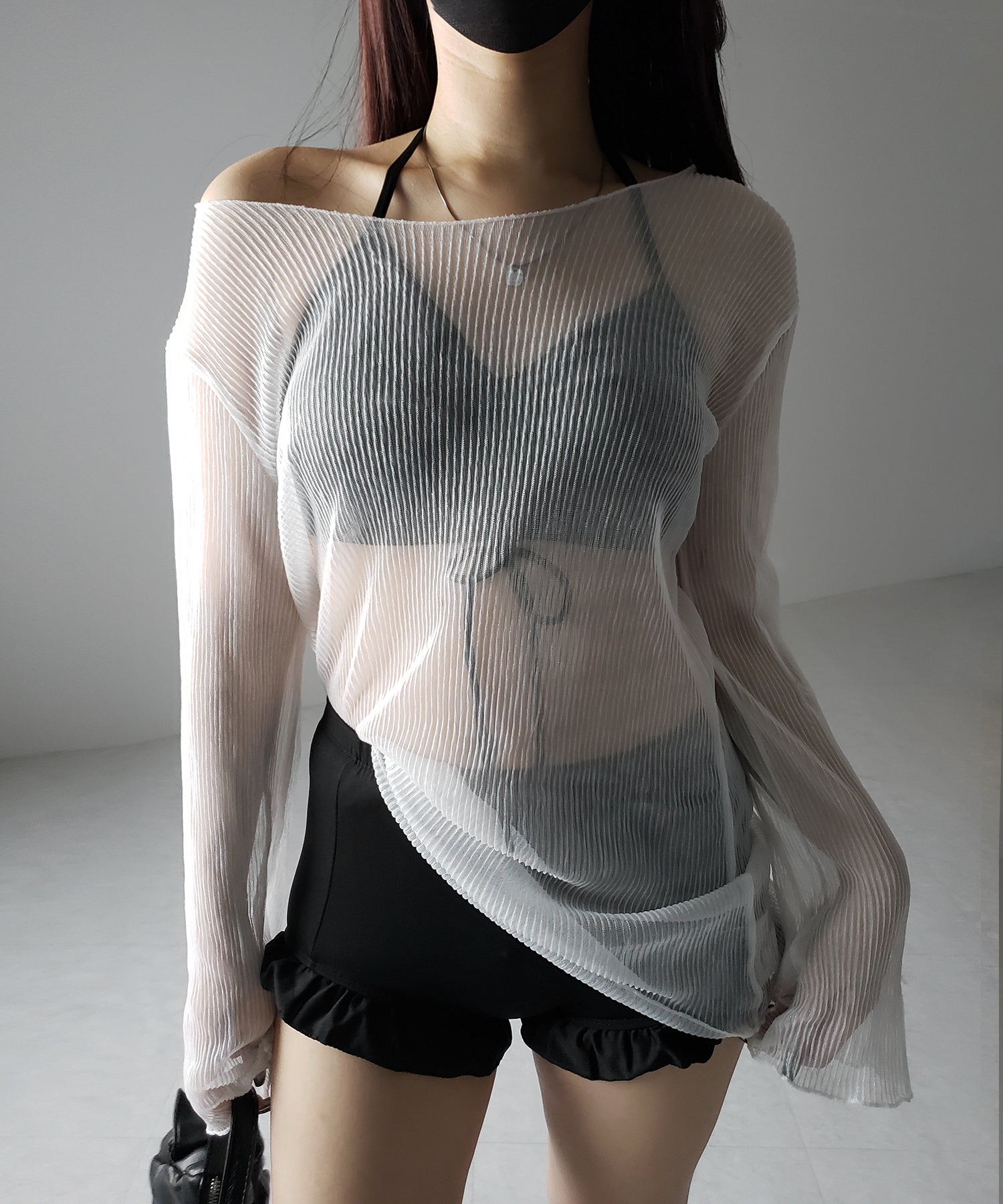 【 レディース水着/3点セット 】シアートップス付き フロントリボンホルターネックハイウエストビキニ / sheer tops set front ribbon halter neck high waist bikini