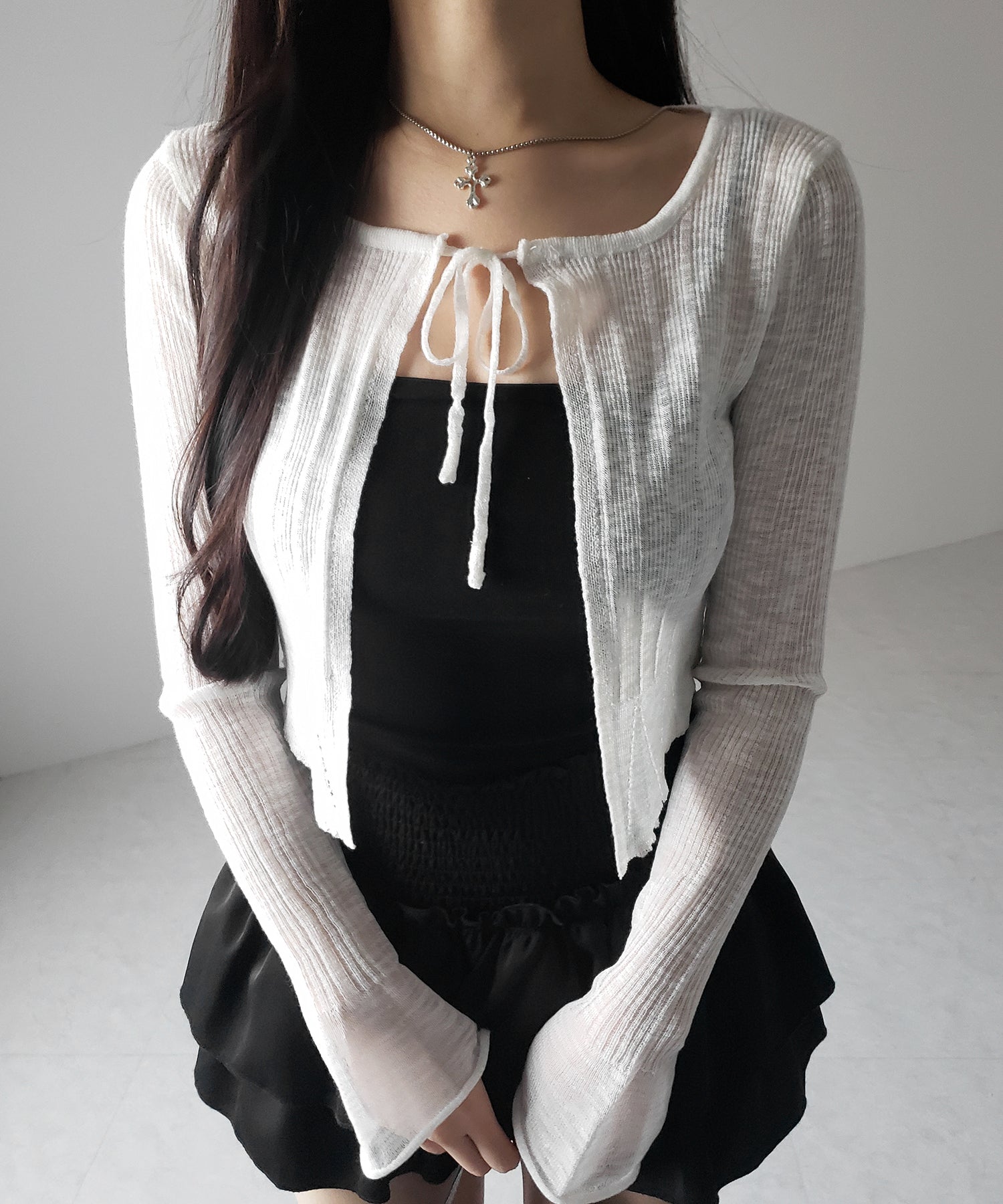 【 2color 】フロントリボンシアーニットショートカーディガン / front ribbon sheer knit short cardigan