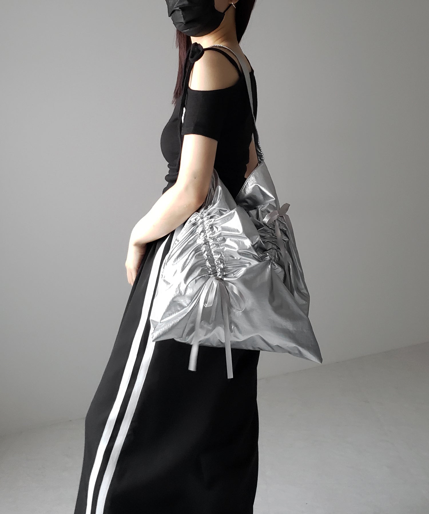 【 2color 】シャーリングリボンメタリックトートバッグ / shirring ribbon metallic tote bag