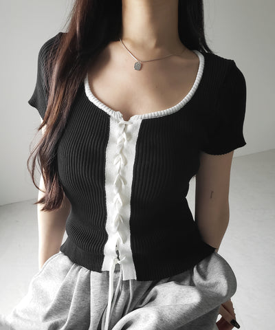 半袖レースアップスリムニットトップス / short-sleeve lace up slim knit tops