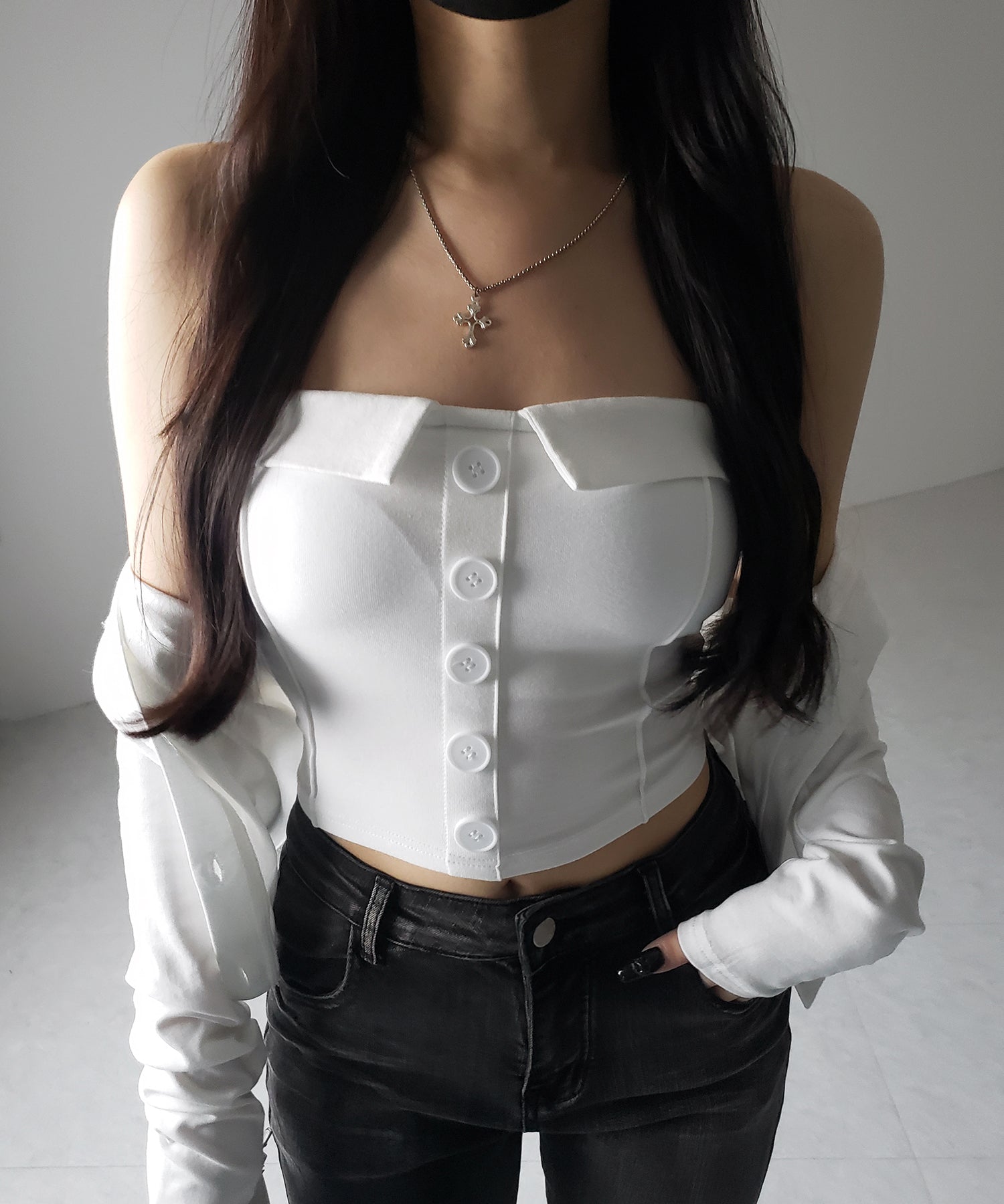 【 2点セット 】フロントボタンベアトップ + クロップドカットソーカーディガン SET / front button bare top + cropped cutsaw cardigan SET