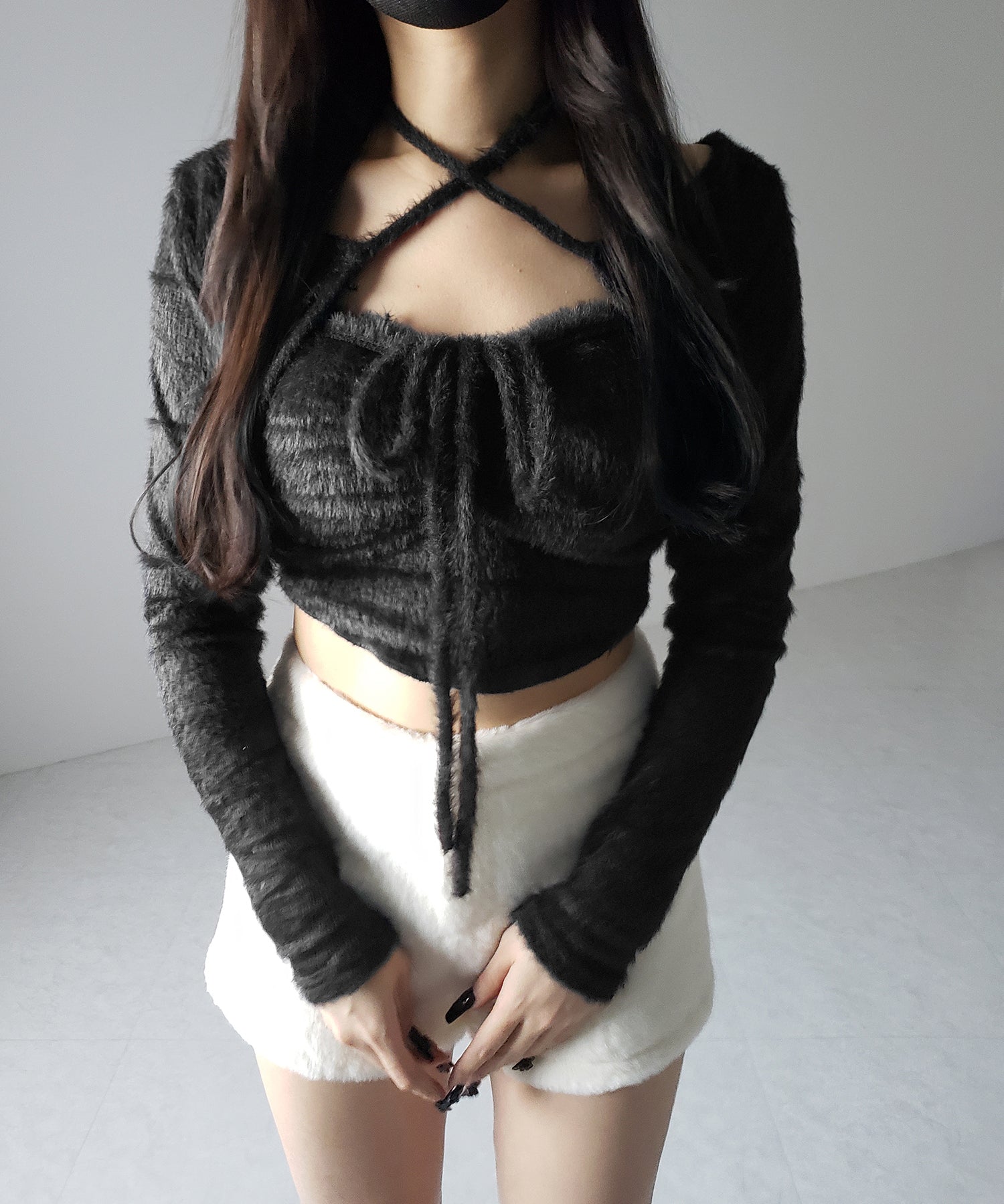 【 2点セット 】シャギーリボンベアトップス & ショートシャギーカーディガン SET / Shaggy ribbon bare tops & short shaggy cardigan