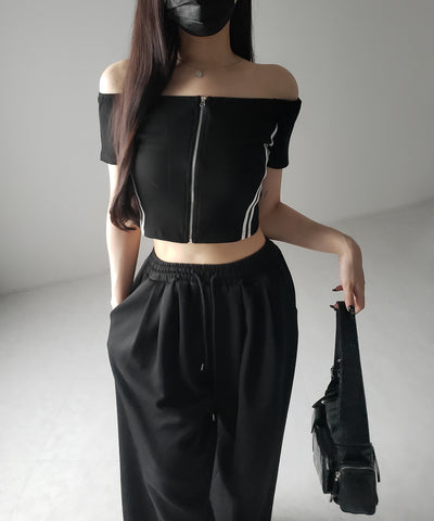 ジップアップオフショルサイドラインTシャツ / zipup off shoulder sideline T-shirt