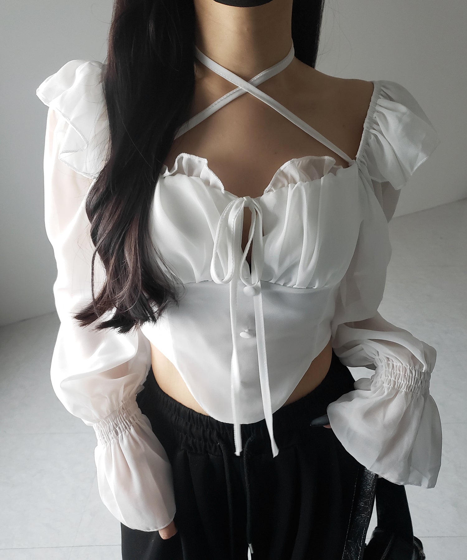 【 2WAY 】フロントリボンクロスネックオフショルシフォンブラウス / front ribbon cross neck off-shoulder chiffon blouse