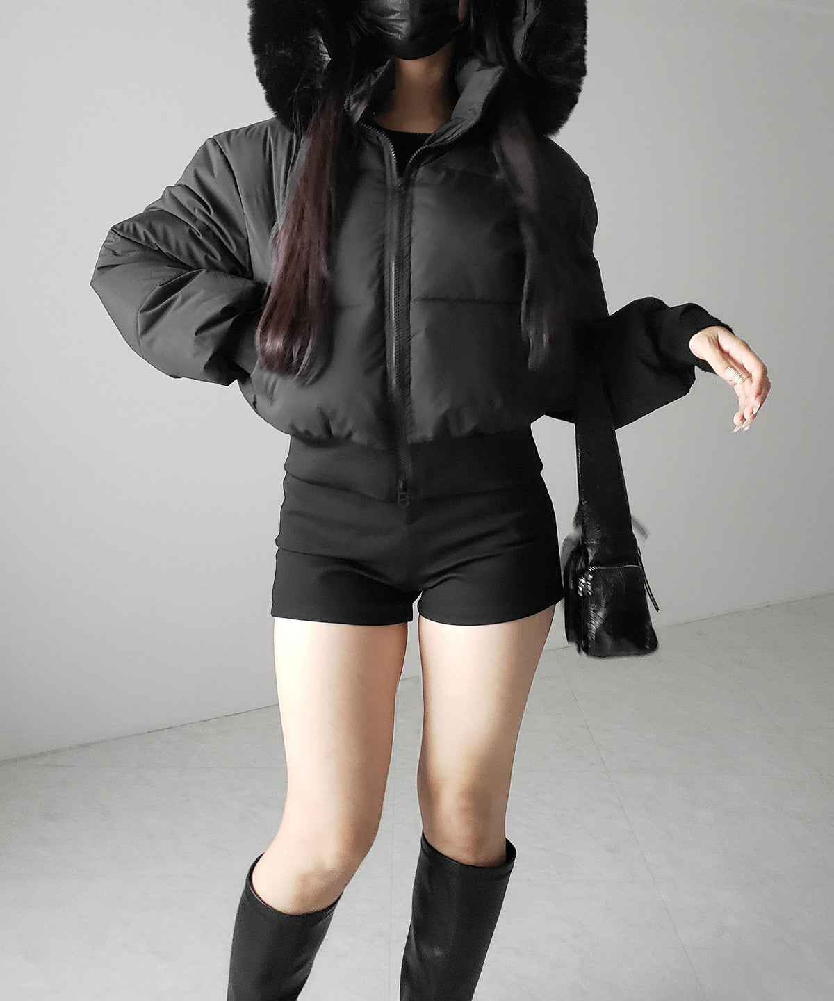 【 フード取り外し可能2WAY 】フェイクファーフードショート中綿ジャケット / 2WAY fake fur hoodie short fake down jacket