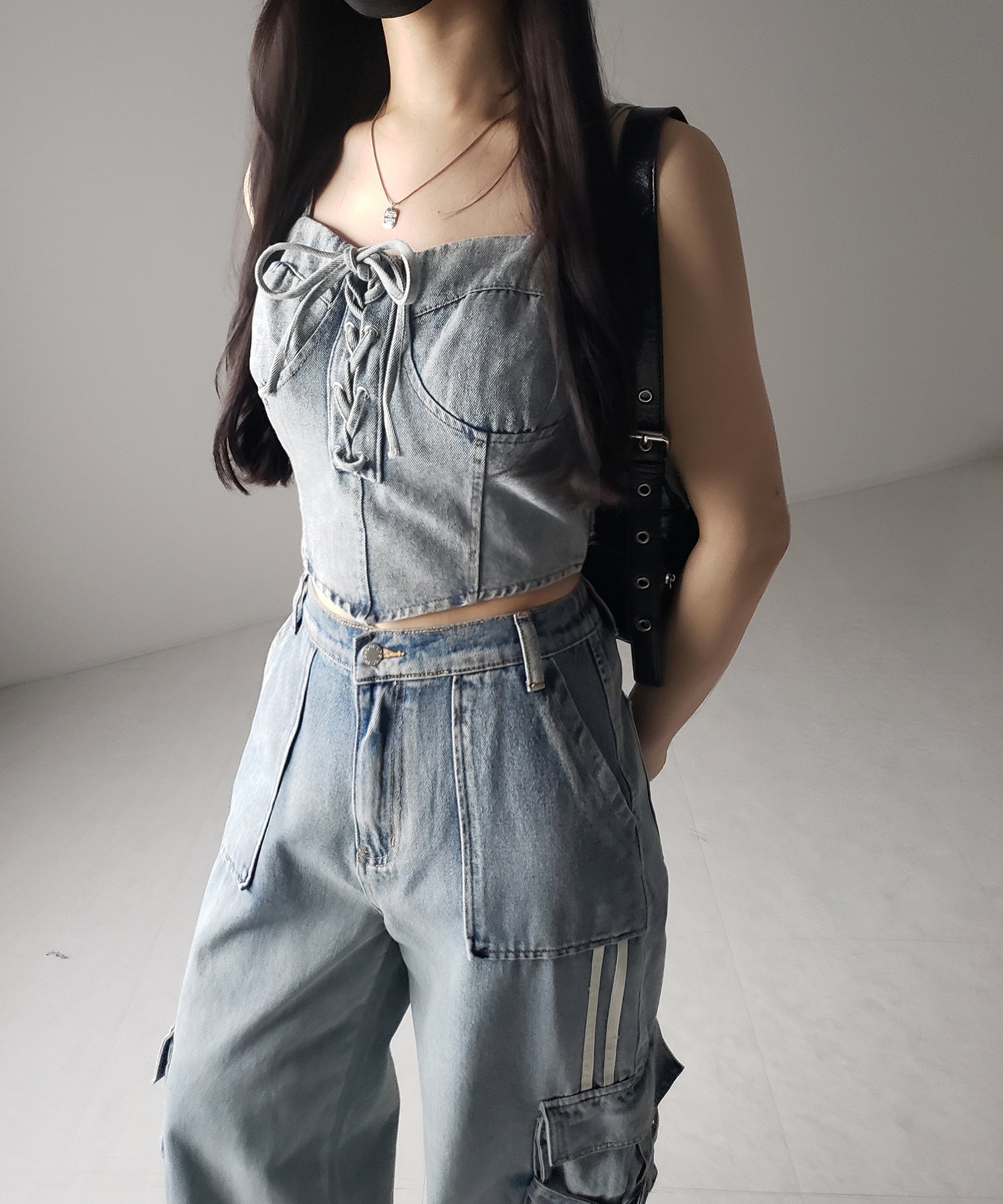 【 2color 】レースアップリボンコルセットデニムビスチェ / lace up ribbon corset denim bustier