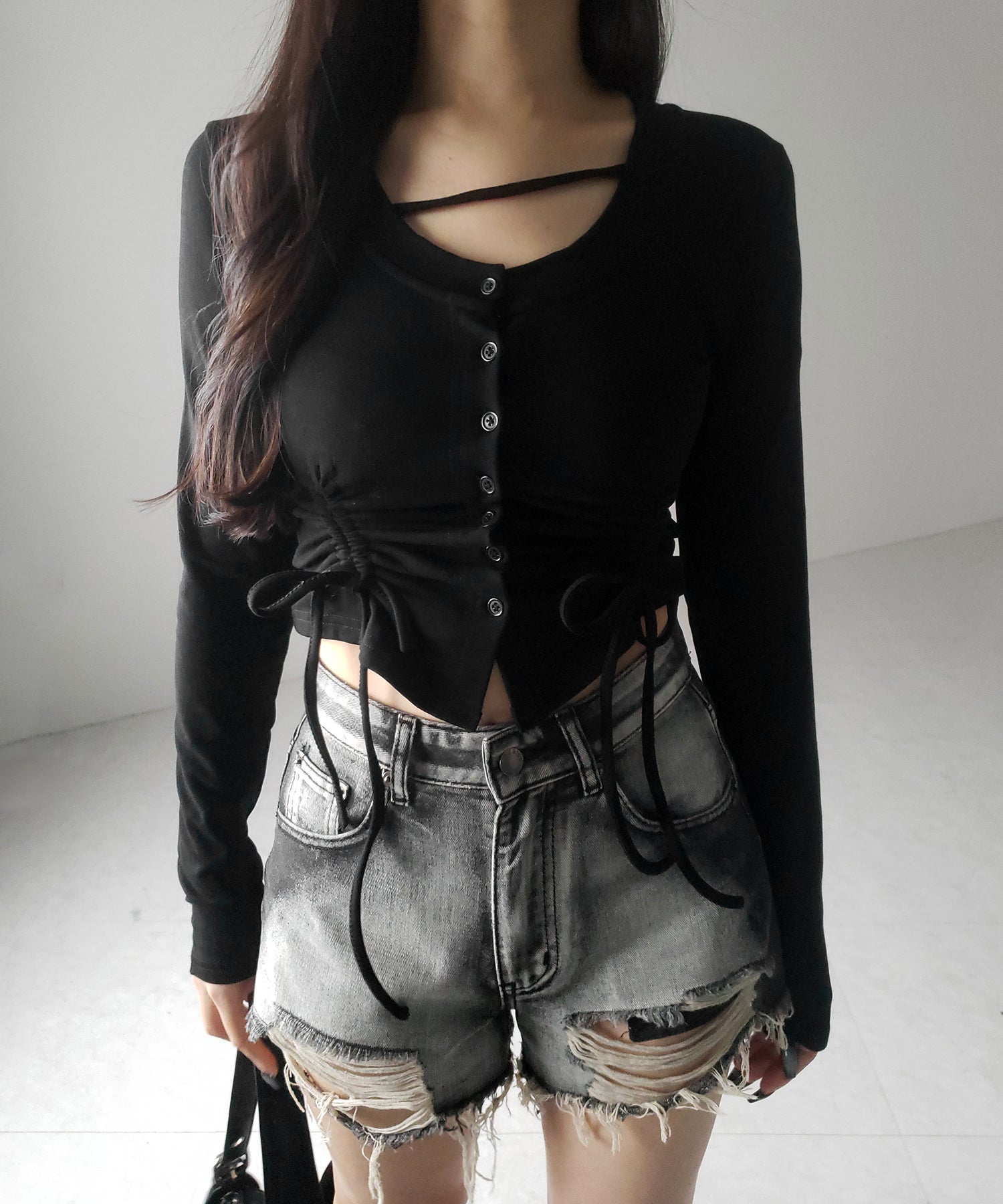 【 2color / 裏起毛 】ナナメストラップダブルシャーリングリボントップス / naname strap double shirring ribbon tops
