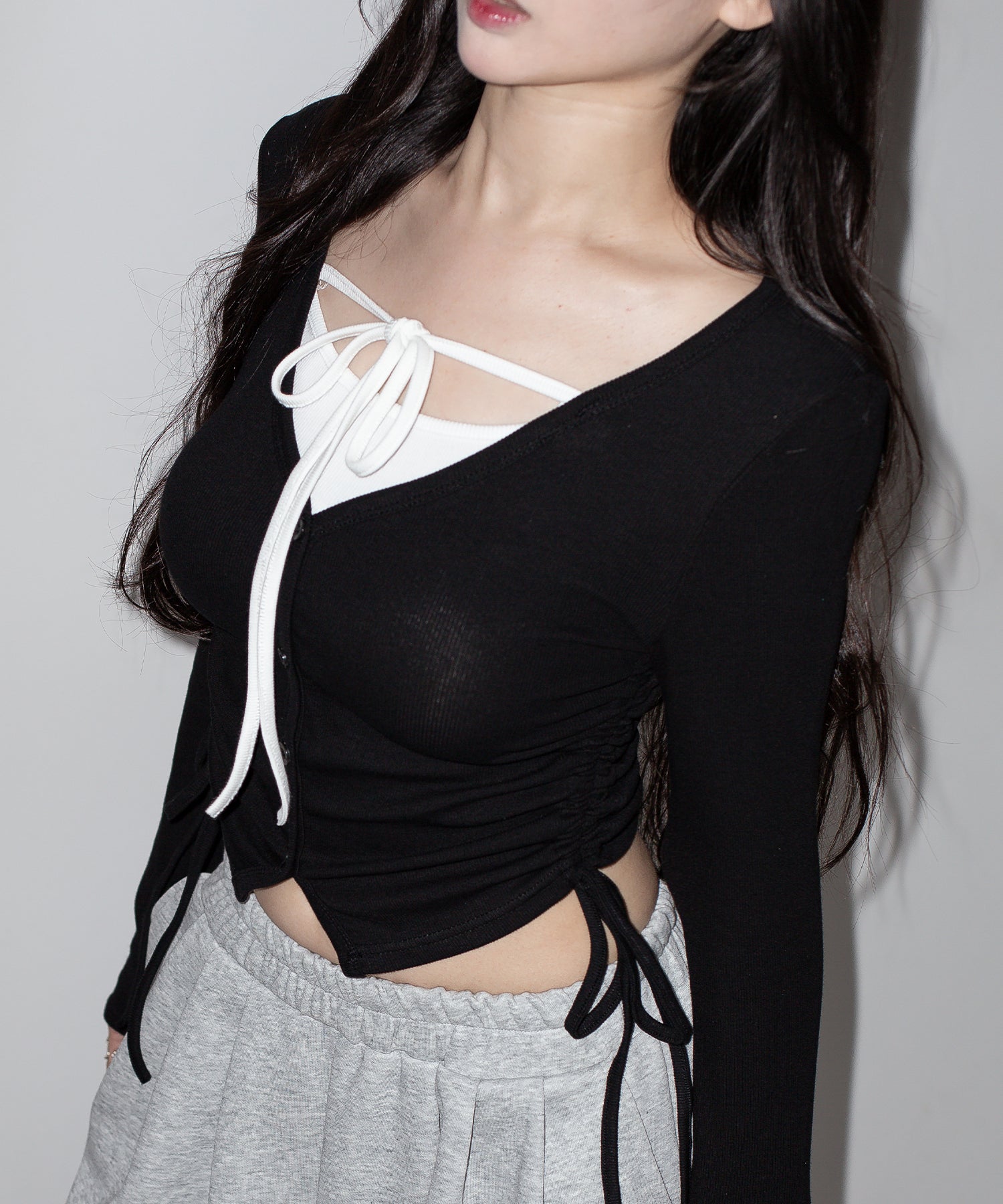 【 3WAY 】レイヤード風シャーリングリボンリブトップス / fake layered shirring ribbon lib tops