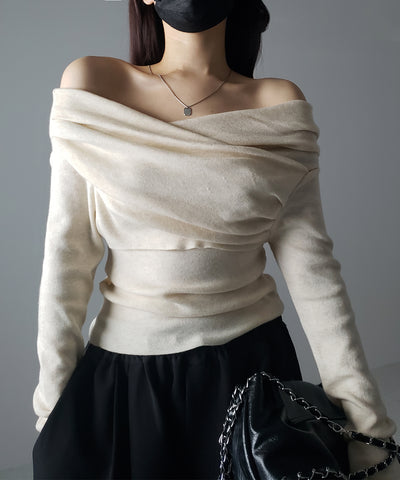 タックデザインドレープオフショルダーリブニット