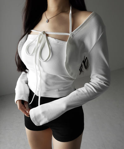 【 2点セット 】フロントリボン長袖ショートカーディガン+ ホルターキャミソール SET / front ribbon longsleeve short cardigan + halter camisole SET