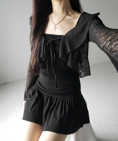 【 2点セット 】フレアキャミワンピ &シアーフリルリボンカーディガン ワンホンセットアップ / flare camisole onepiece & sheer frill ribbon cardigan wanghong SETUP