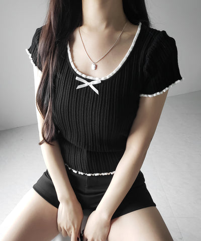 ミニリボンオープンネック半袖ニットトップス / mini ribbon open neck short sleeve knit tops
