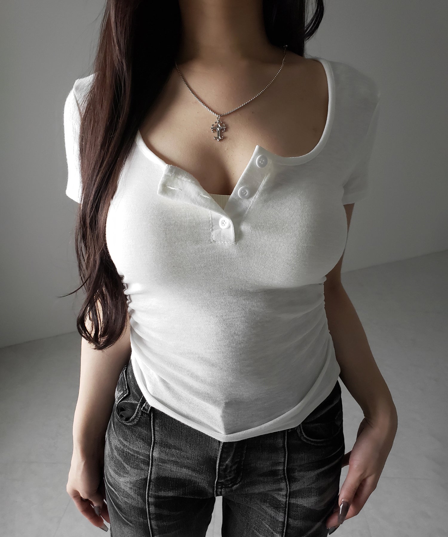 ヘンリーネックスクエアギャザー半袖Tシャツ /henley neck square gather short sleeve T-Shirt