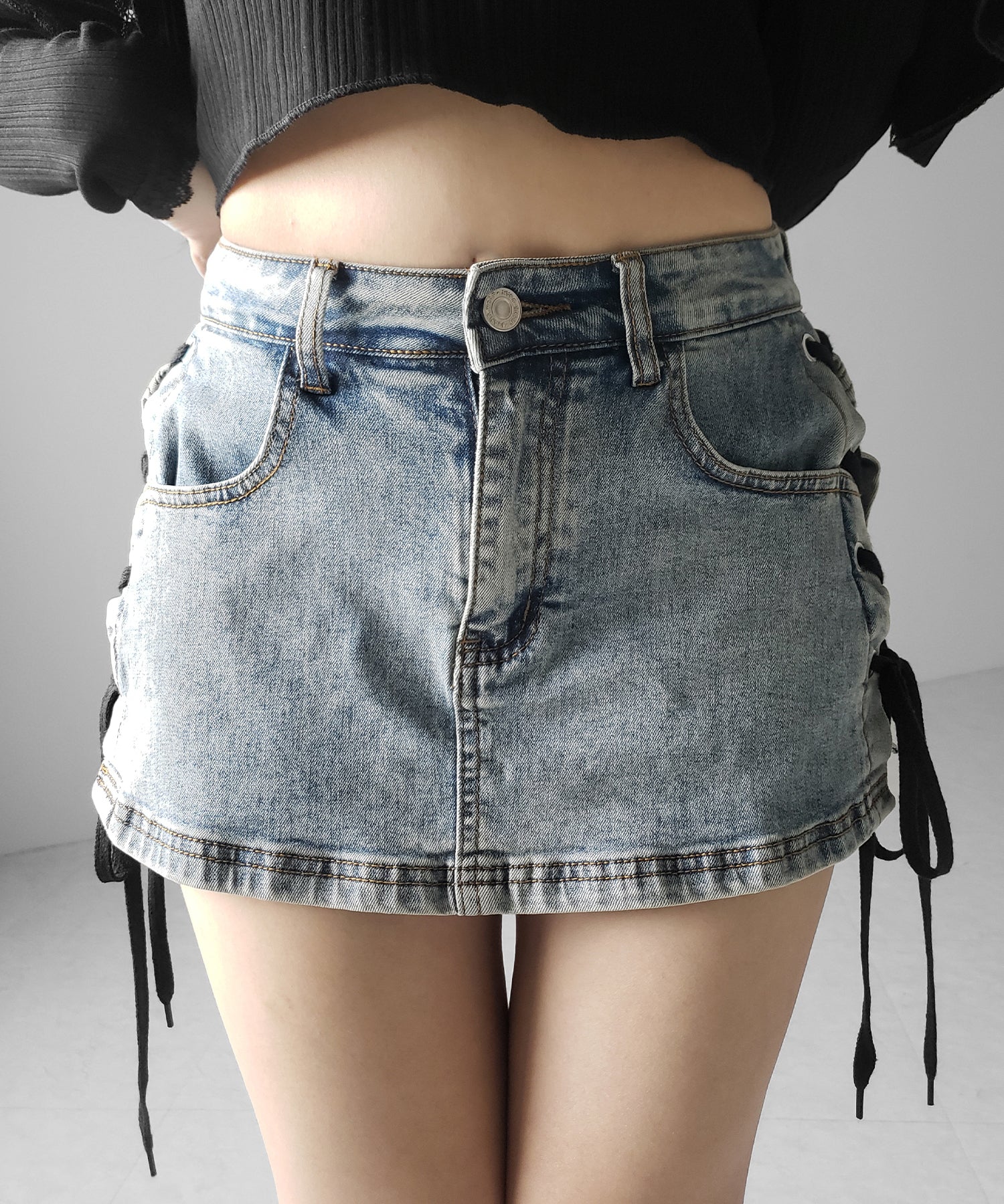 【 インパン裏地付き 】レースアップマイクロデニムミニスカパン / Lace-up micro denim mini skirt pants