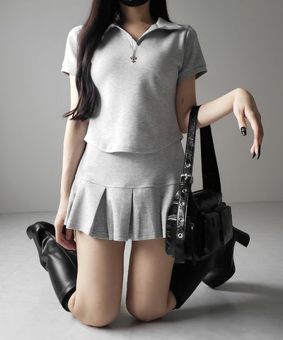 【 2点セット 】スキッパーネック半袖Tシャツ & プリーツミニスカート ワンホンセットアップ / skipper neck short sleeve T-shirt & pleated mini skirt wanghong setup