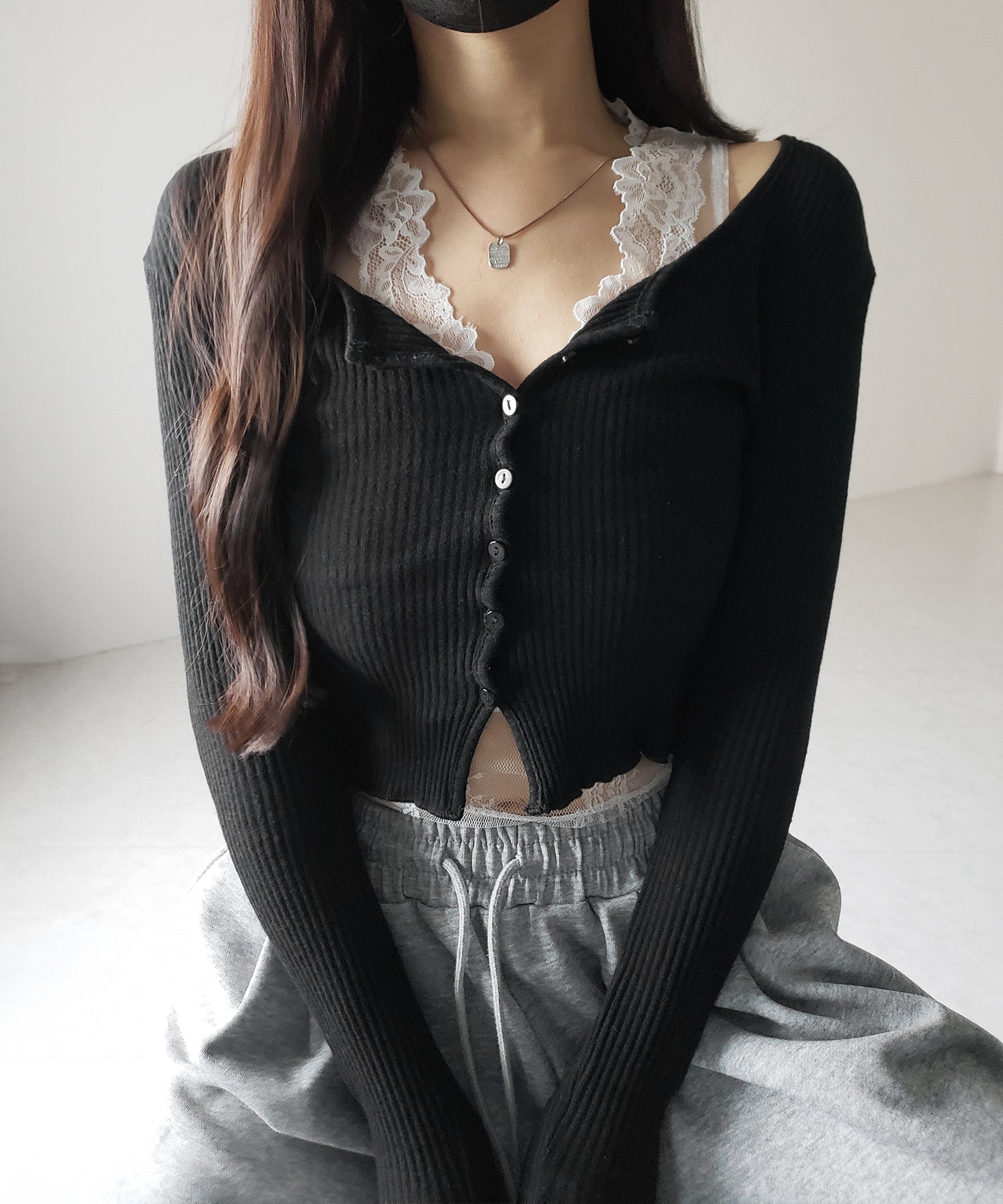 【 2点セット 】レイヤードレースシアーリブカットソーカーディガン / layered lace sheer rib cut and sew cardigan