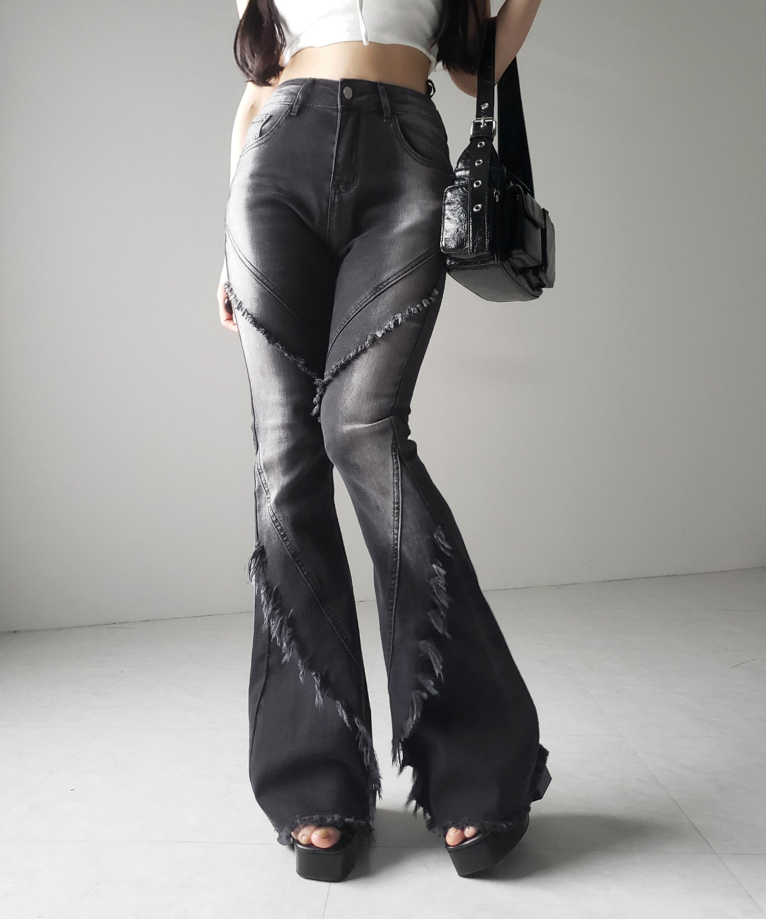 【 2color / 4size 】フリンジデザインヴィンテージライクストレッチフレアデニム / fringe design vintage-like stretch flare denim